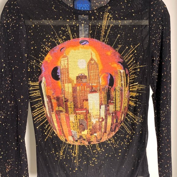 Vintage Kenzo black mesh top - Multi Iconic sunburst cityscape print - Size S - Picture 2 of 4